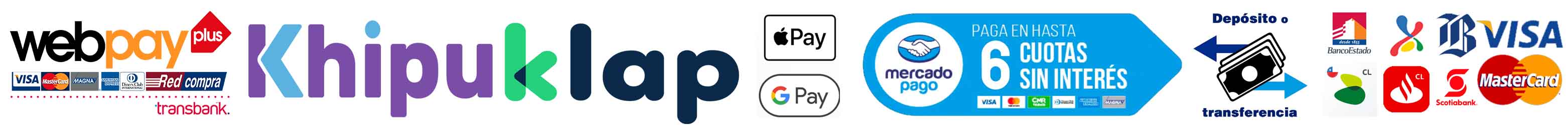 Webpay, MadoPago, Transferencia, Hasta 6 cuotas sin interes